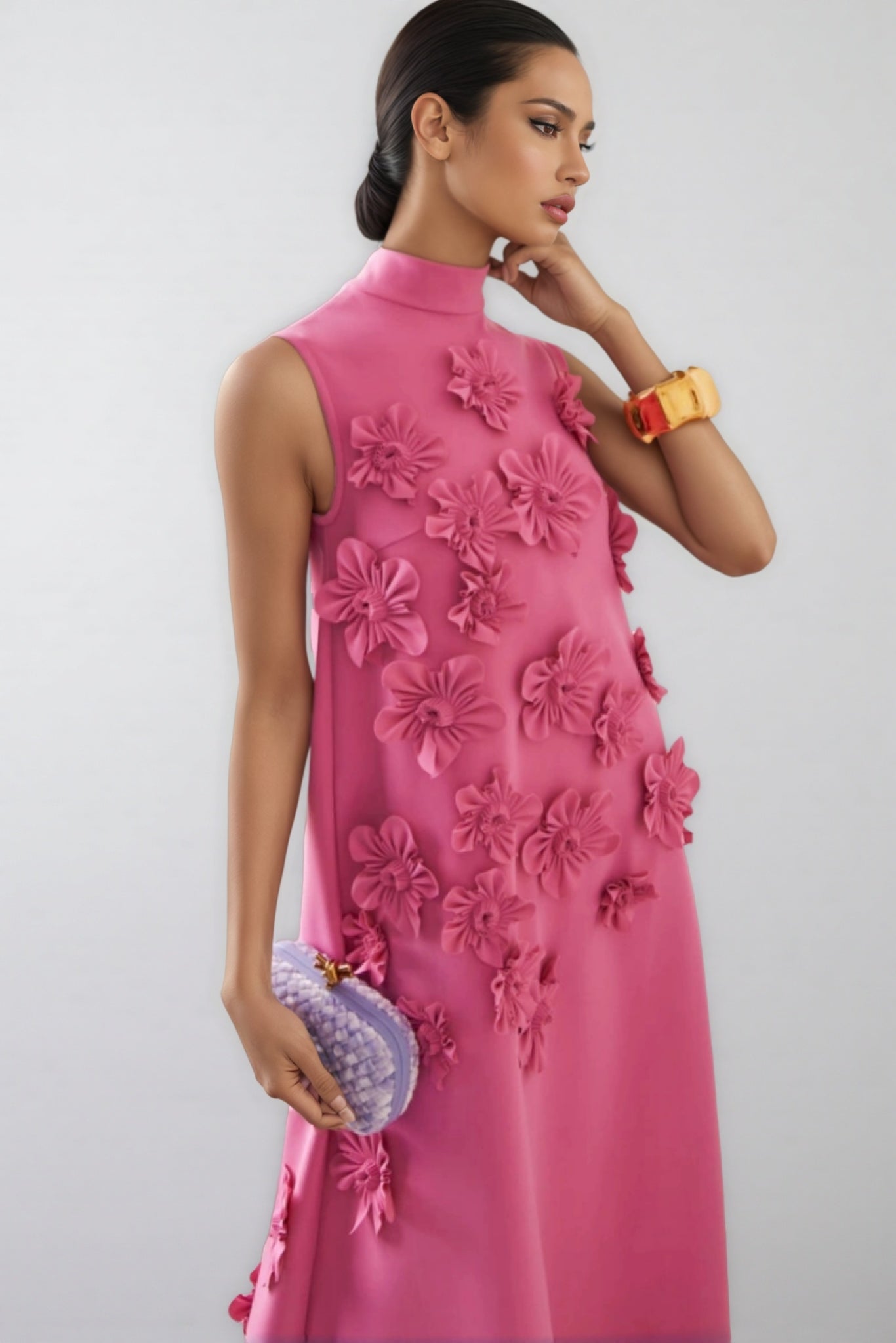 Eliza 3D Floral High Neck Sleeveless Maxi Dress-Pink