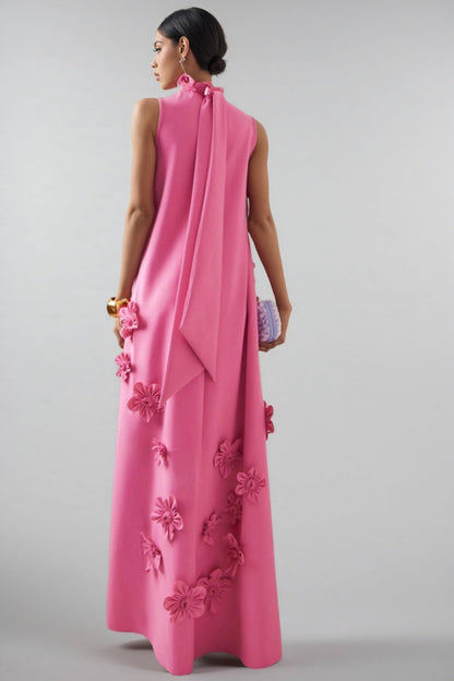 Eliza 3D Floral High Neck Sleeveless Maxi Dress-Pink