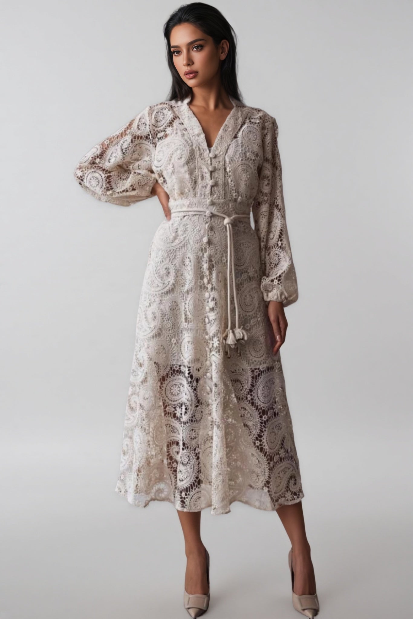 Theod Lace Lantern Sleeve Midi Dress