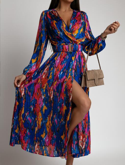 Hesperia Casual Midi A-line Dress with Natural Print and High Waist