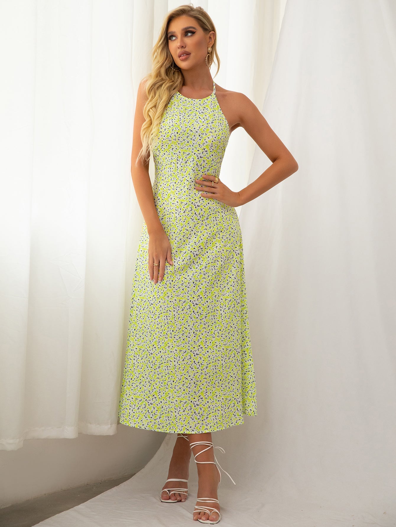 Halter Floral Backless Midi Dress