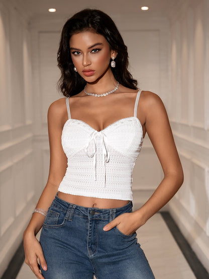 Jacquard Lace Trim Knitted Crop Top