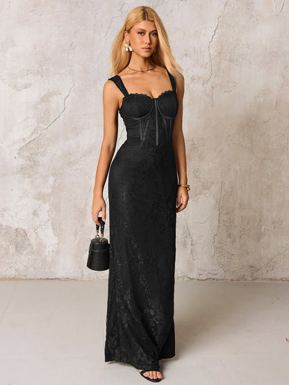 Jacquard Zipper Split Back Lace Bodycon Dress