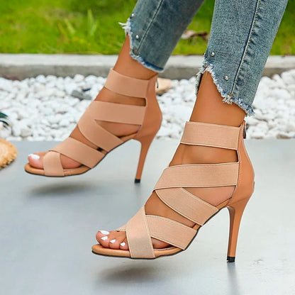 Stylish Khaki Super High Heel  Open Toes Elastic Crossover Zipper High Heel
