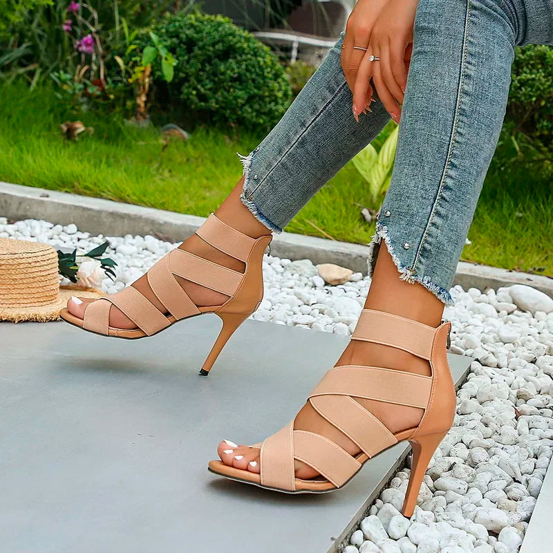 Stylish Khaki Super High Heel  Open Toes Elastic Crossover Zipper High Heel