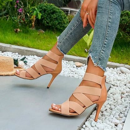 Stylish Khaki Super High Heel  Open Toes Elastic Crossover Zipper High Heel