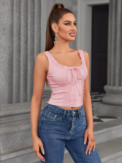 Lace Trim Tie Front Pleat Tank Top