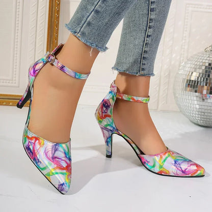 Fashion Ankle Strap Spring Pointed Toe Mixed Colors Buckle Dress High Heel