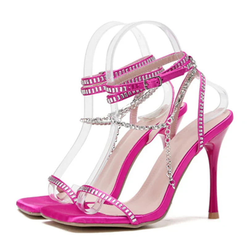 2024 New  Crystal Chain Ankle Strap Square Toe Rhinestone High Heel