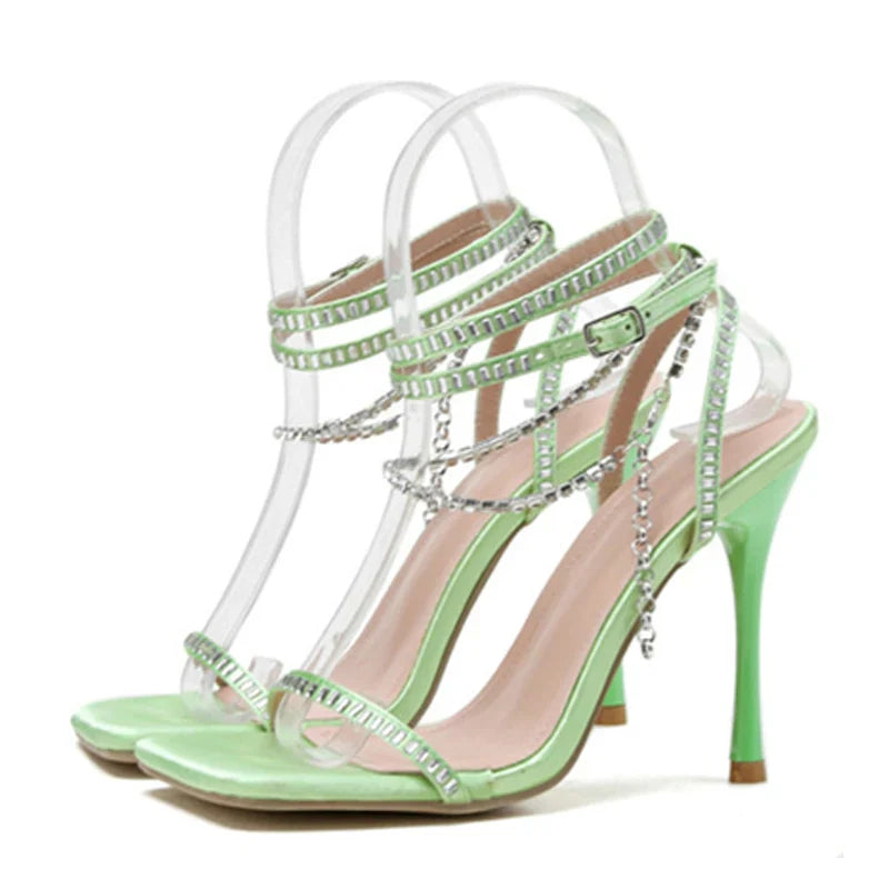 2024 New  Crystal Chain Ankle Strap Square Toe Rhinestone High Heel