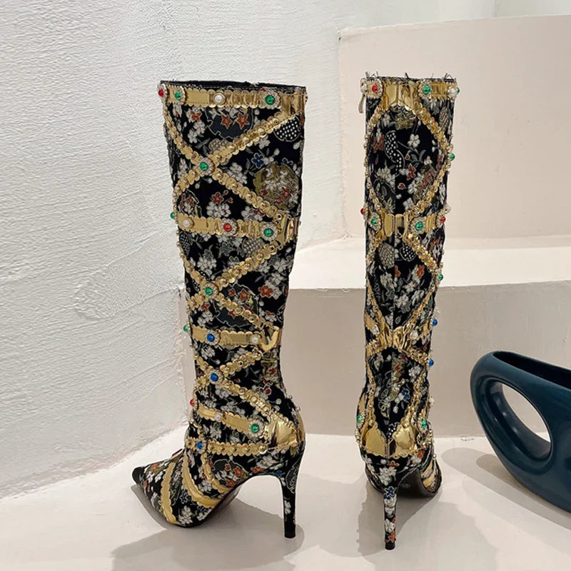 Runway Fashion Color Gem Knee High Handwork  Pointed Toe High Heel