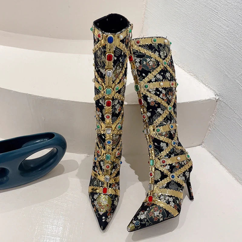 Runway Fashion Color Gem Knee High Handwork  Pointed Toe High Heel