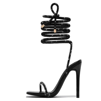 Gold Crystal Ankle Cross Strap Summer Party High Heel