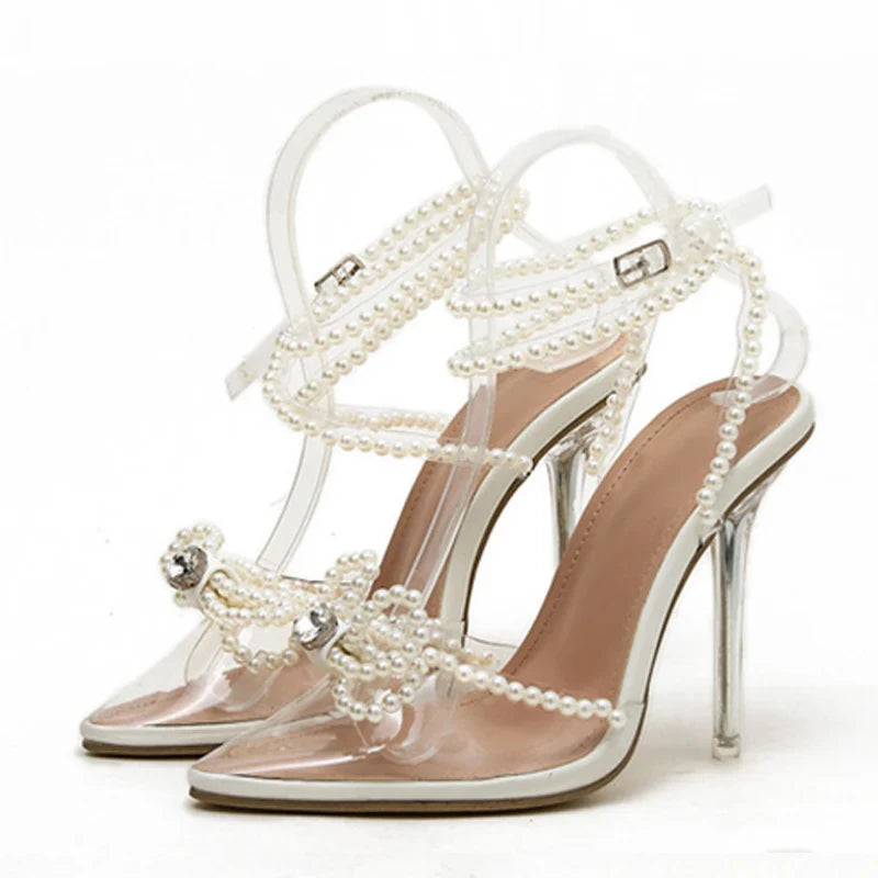 White String Bead Transparent Butterfly-Knot Pointed Toe High Heel