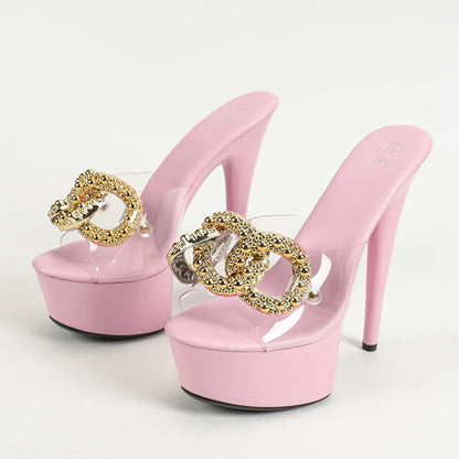 Size 34-43  Pink High Heel Big Metal Chain Transparent High Heel