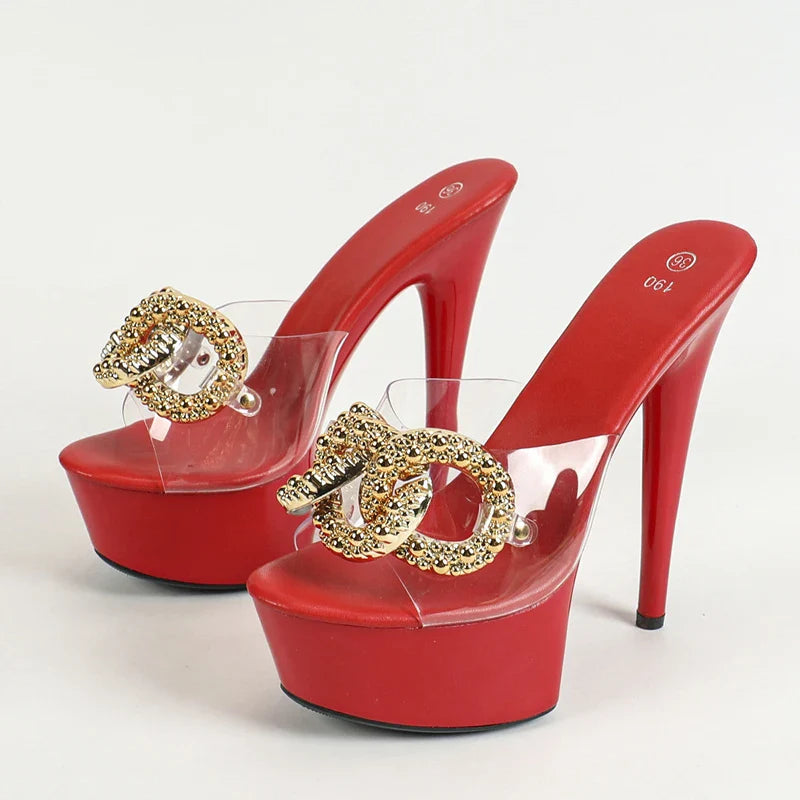 Size 34-43  Pink High Heel Big Metal Chain Transparent High Heel