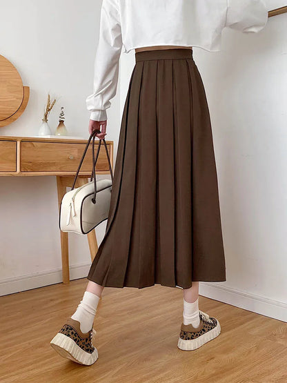 Brown Summer Korean Fashion High Waist Midi Elegant ALine Skirt
