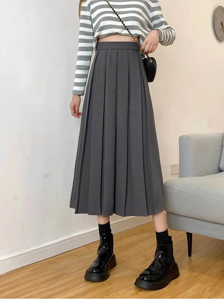 Brown Summer Korean Fashion High Waist Midi Elegant ALine Skirt
