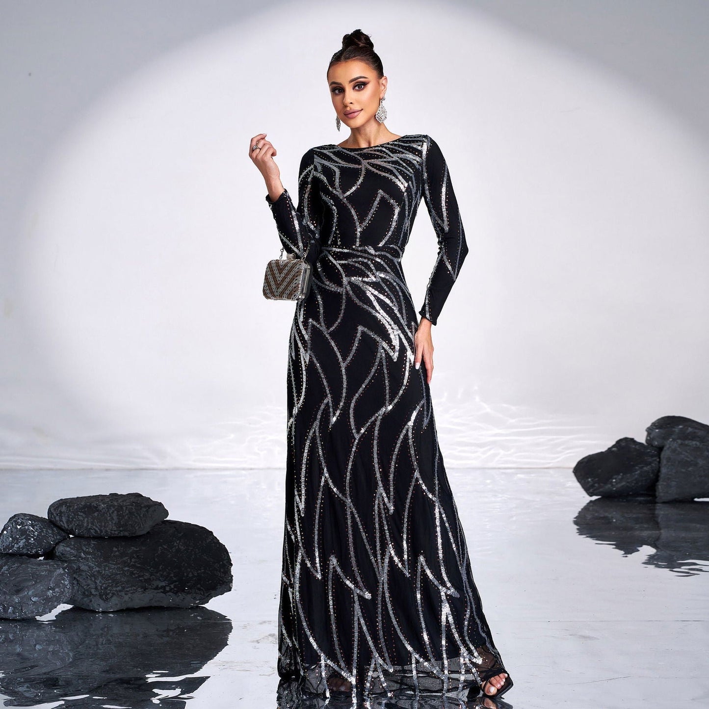 Long Sleeve round Neck Long Sequined Cocktail Evening Dress Bridesmaid