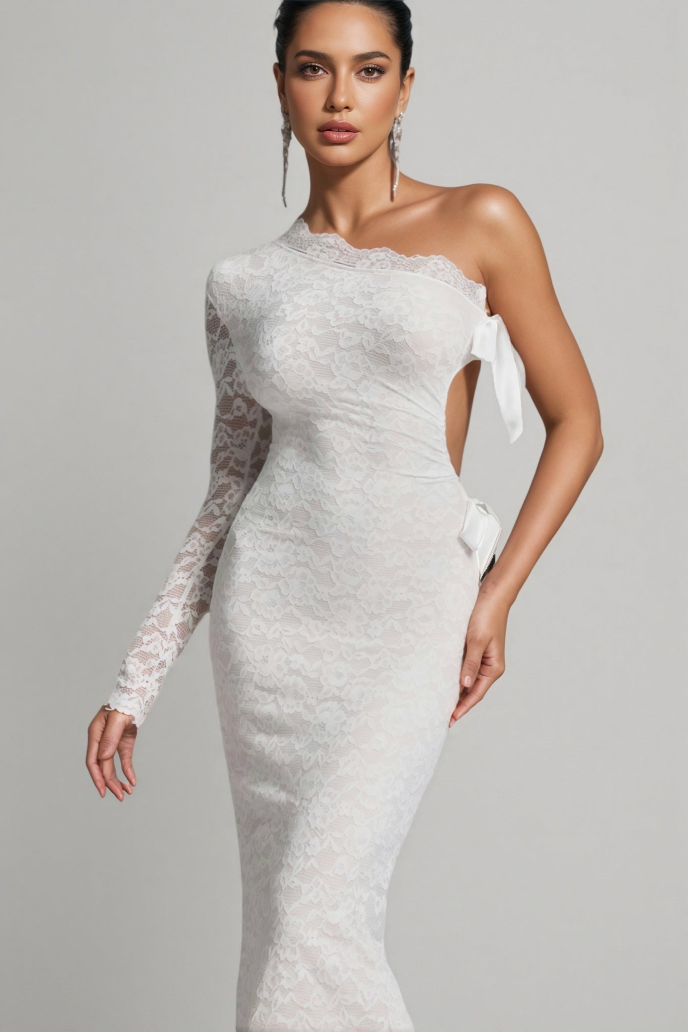 Sylase One Shoulder White Lace Maxi Dress