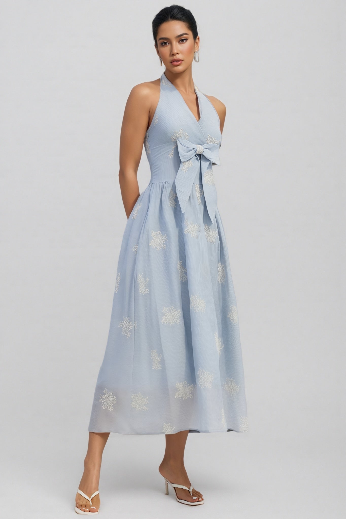 Eliza Halter Striped Embroidery Maxi Dress