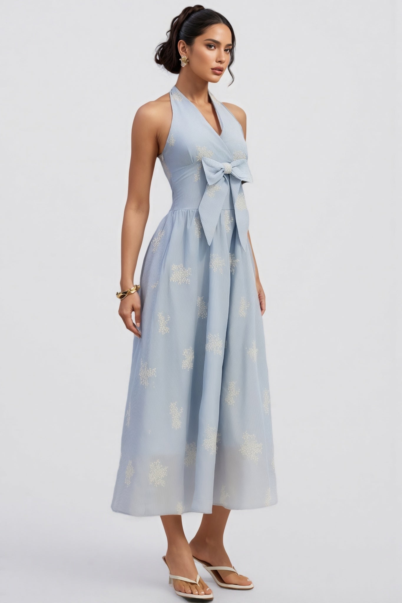 Eliza Halter Striped Embroidery Maxi Dress