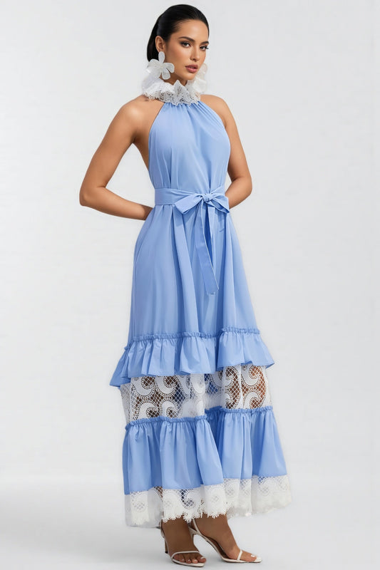 Sablert Blue Embroidered Mesh Maxi Dress