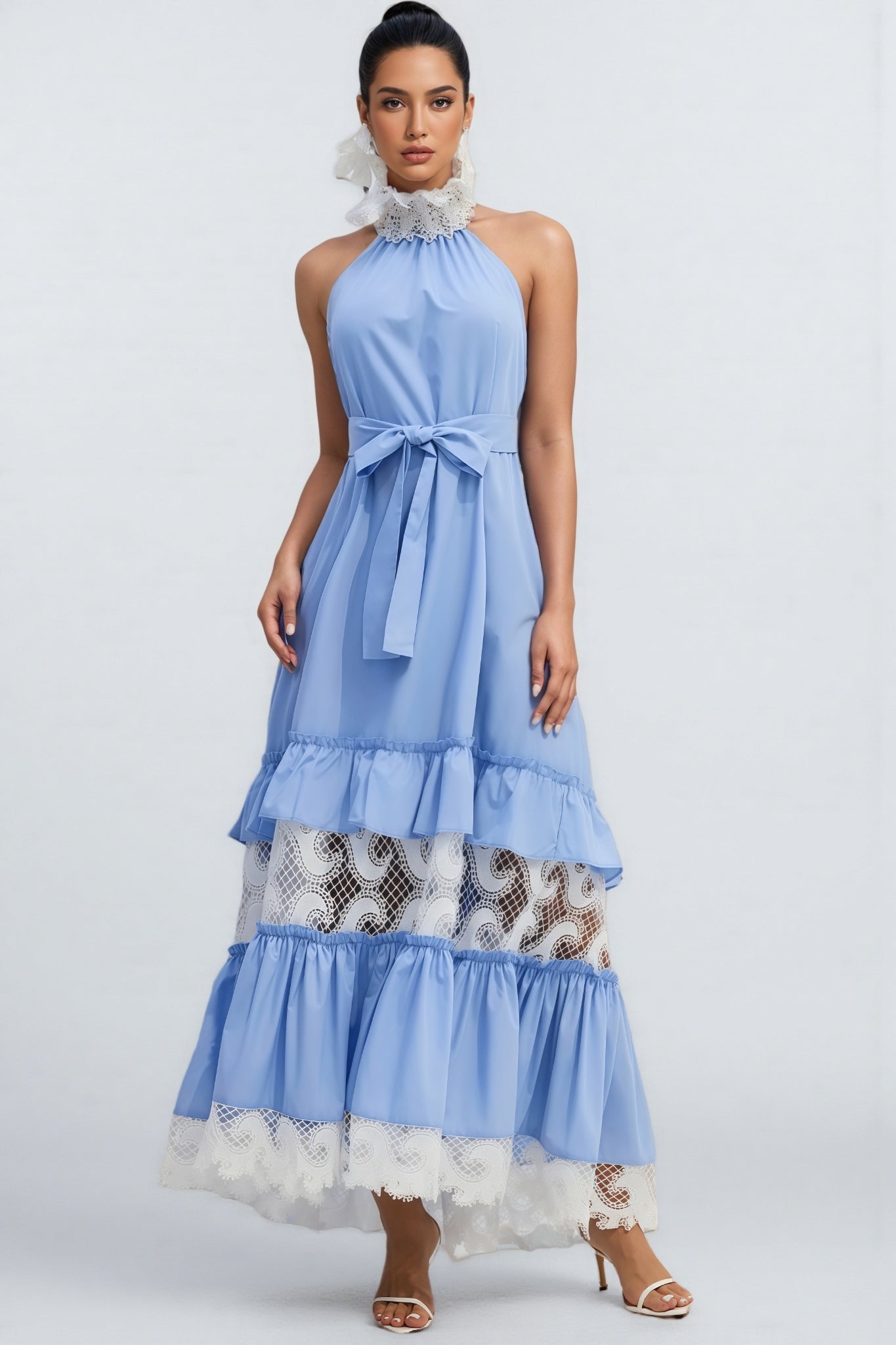 Sablert Blue Embroidered Mesh Maxi Dress