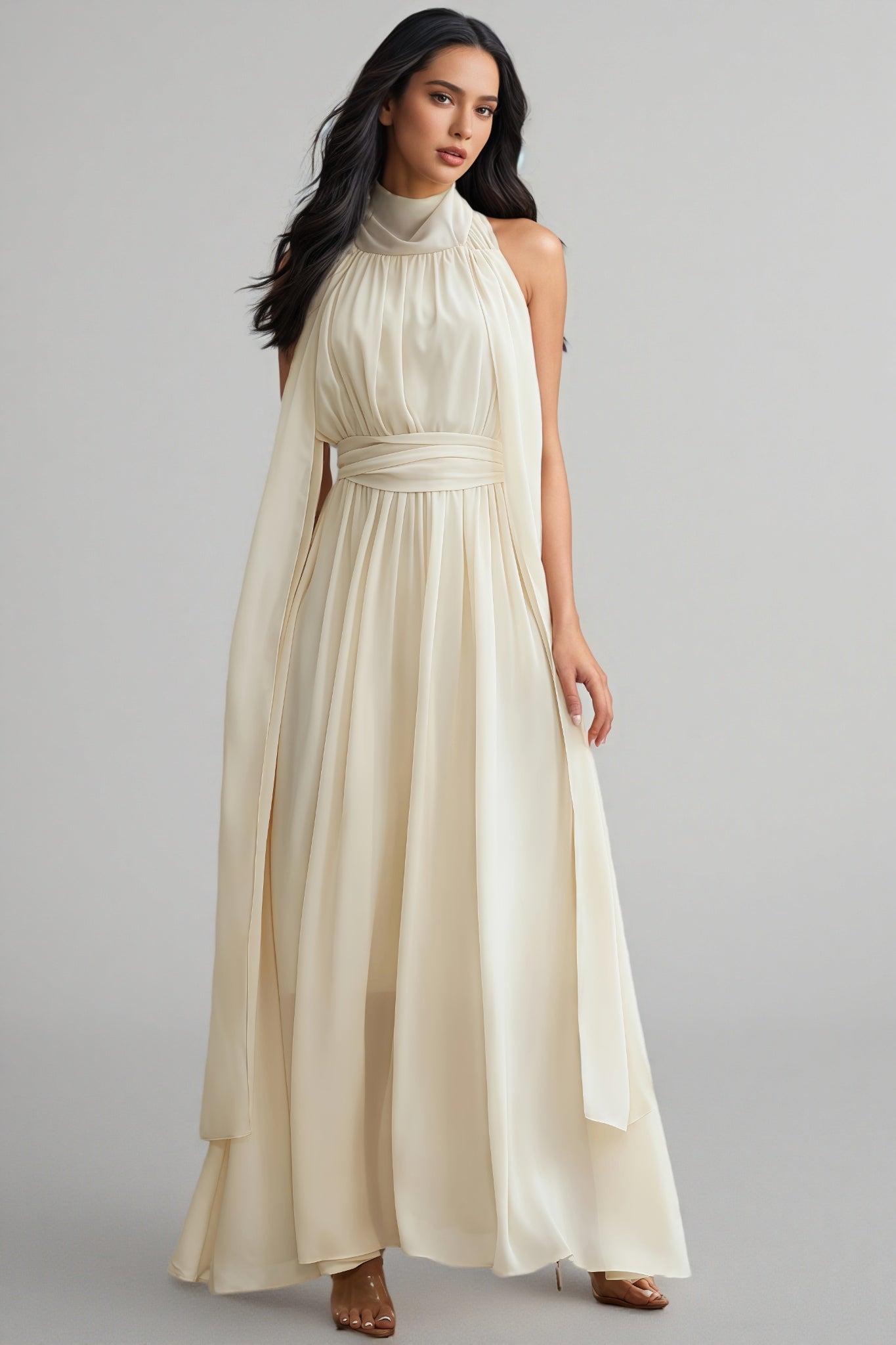 Zurilk Apricot Chiffon Backless Maxi Dress
