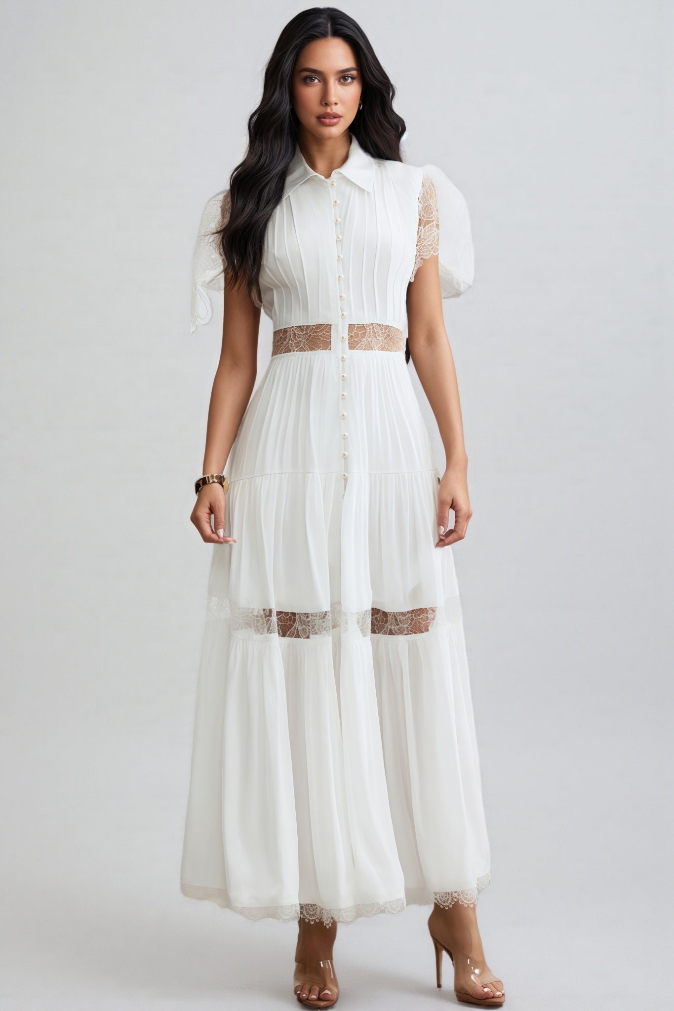 Zived White Lace Embroidery Cut Out Maxi Dress