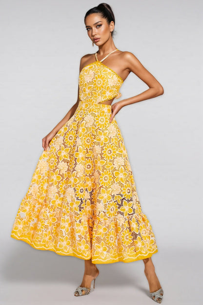 Delphine Yellow Cut Out Halter Maxi Dress