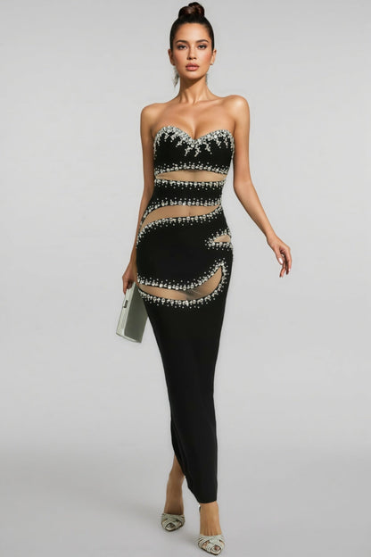 Elioed Black Beading Mesh Bandage Maxi Dress