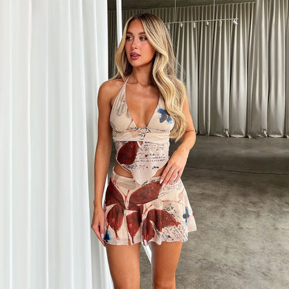 Deep Vneck Floral Halter Mini Skirt