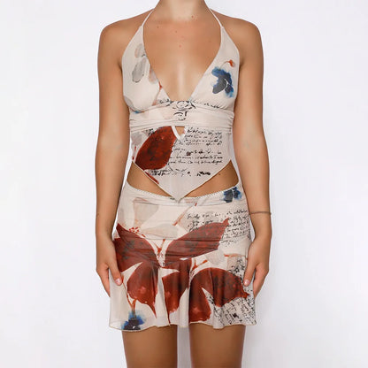 Deep Vneck Floral Halter Mini Skirt
