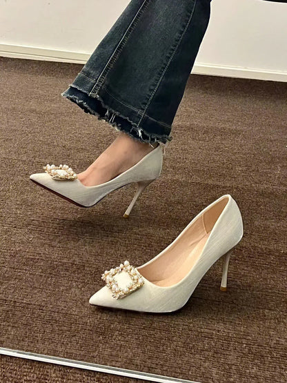 Casual Fashion Pearl Wedding Square Rhinestone  High Heel
