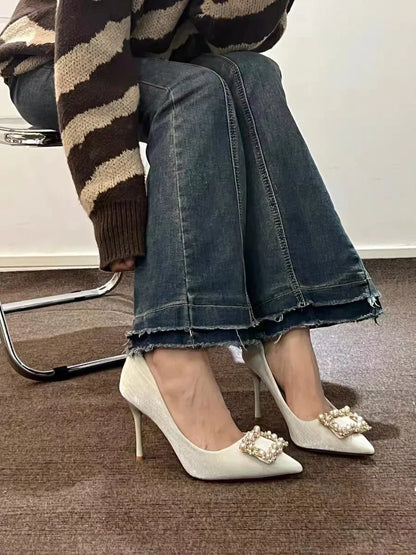 Casual Fashion Pearl Wedding Square Rhinestone  High Heel