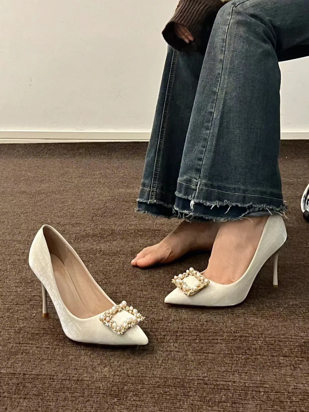 Casual Fashion Pearl Wedding Square Rhinestone  High Heel