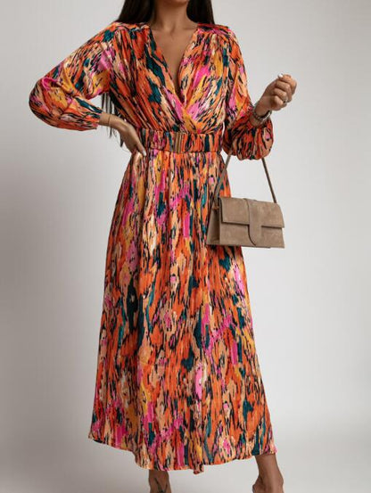 Hesperia Casual Midi A-line Dress with Natural Print and High Waist