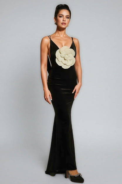 Sorelk Plunge Neck Flower Velvet Maxi Dress