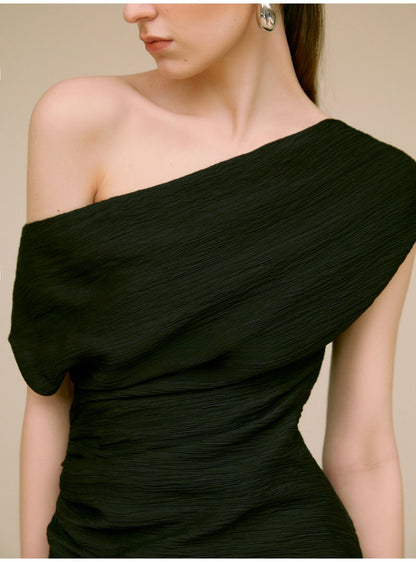 Asymmetrical Neck One Shoulder Off Pleated T-Shirt and skirt set