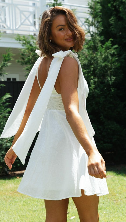 Kamila Cotton Linen Tie Strap Babydoll Dress White