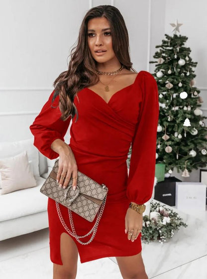 Zabella Ruched Statement Sleeve Mini Dress Red