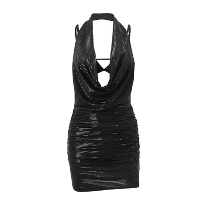 Autumn Sexy Swing Collar Sequined Inner Suspender Halter Skirt Set for Women