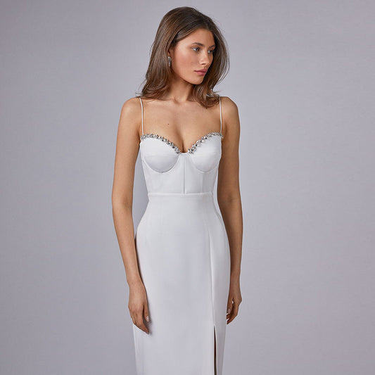 Sleeveless Mid Waist White Solid Color Sling Simple Dress Metal Corsage Annual Party Evening Dress