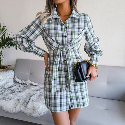 Klay Cotton Plaid Button Down Shirt Dress Green