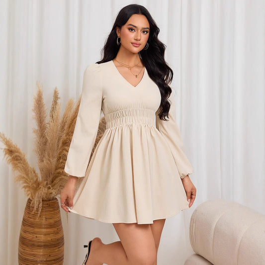 All Matching Elegant Dress Elastic WaistbSlimming V neck Dress