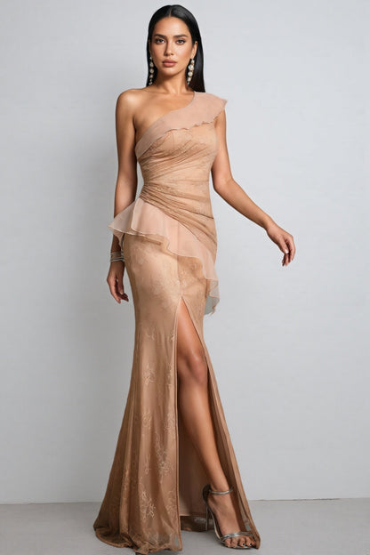 Royalty One-Shoulder Fishtail Slit Maxi Dress