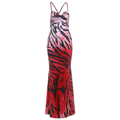 Backless Lace up Gradient Spaghetti Strap Floral Print Dress Maxi for