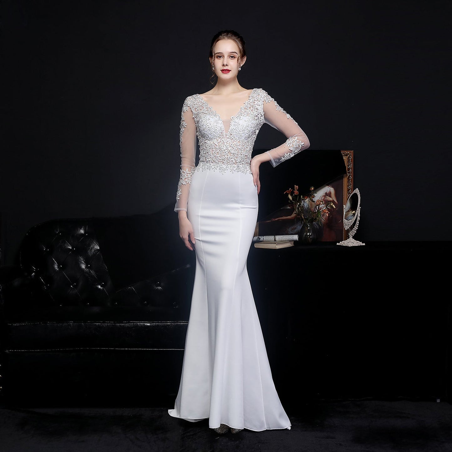 Full Craft Lace Diamond Toast Dress Bride Long Long Sleeve Appreciation Dinner Fishtail Evening Dress Formal Gown