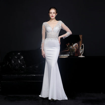 Full Craft Lace Diamond Toast Dress Bride Long Long Sleeve Appreciation Dinner Fishtail Evening Dress Formal Gown